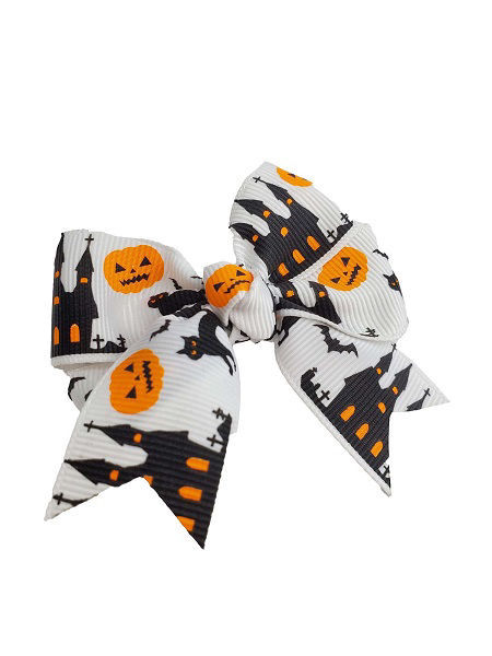 Picture of Hair Bow - Lg White/Pumpkin/Black Cat